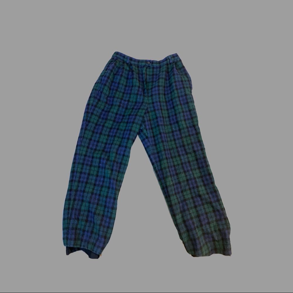 Vintage 80’s High Waisted Blue and Green Plaid Pure 100% Wool Pants Size 12